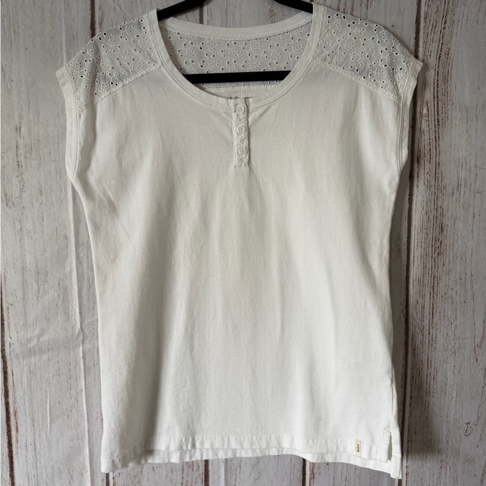 Woolrich Women's White Cotton Cap Sleeve Tee with Eyelet Lace Yoke Henley XS